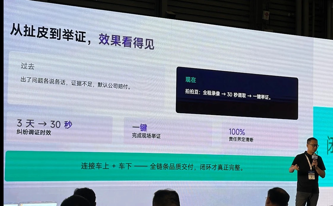 「言い争いから立証へ」と題した講演スライド。全行程を録画し、30秒で映像を呼び出し、ワンクリックで証拠を提示できると説明